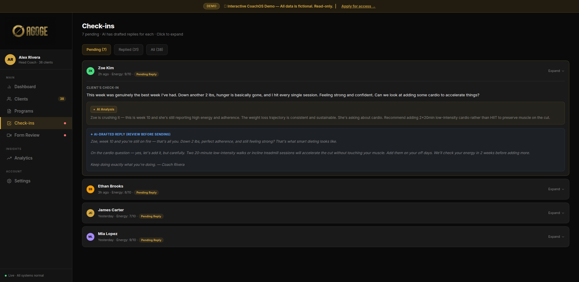 Check-ins with AI analysis and drafted reply