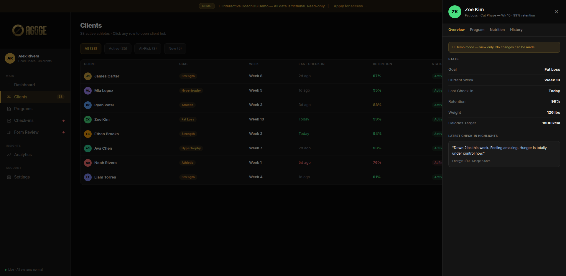 Clients view with client hub panel